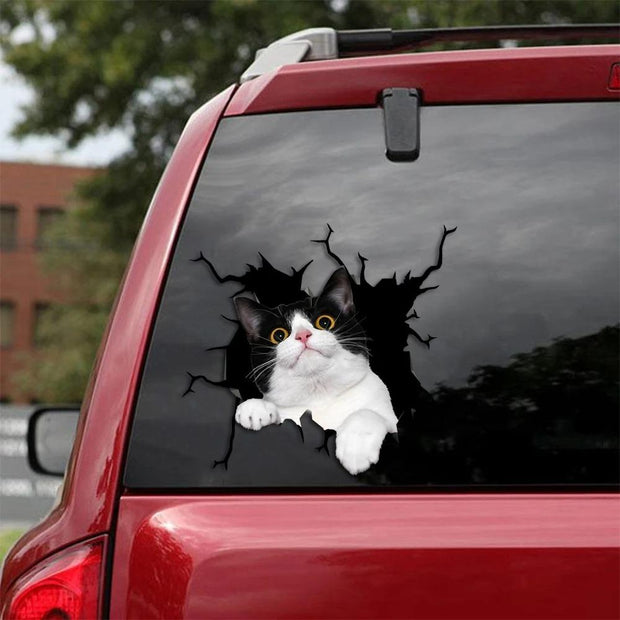 TUXEDO CAT CRACK CAR STICKER CATS LOVER